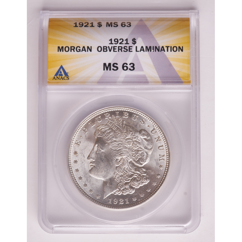 Mint Error 1921 Morgan Silver Dollar Obverse Lamination (ANACS MS63) at PristineAuction.com