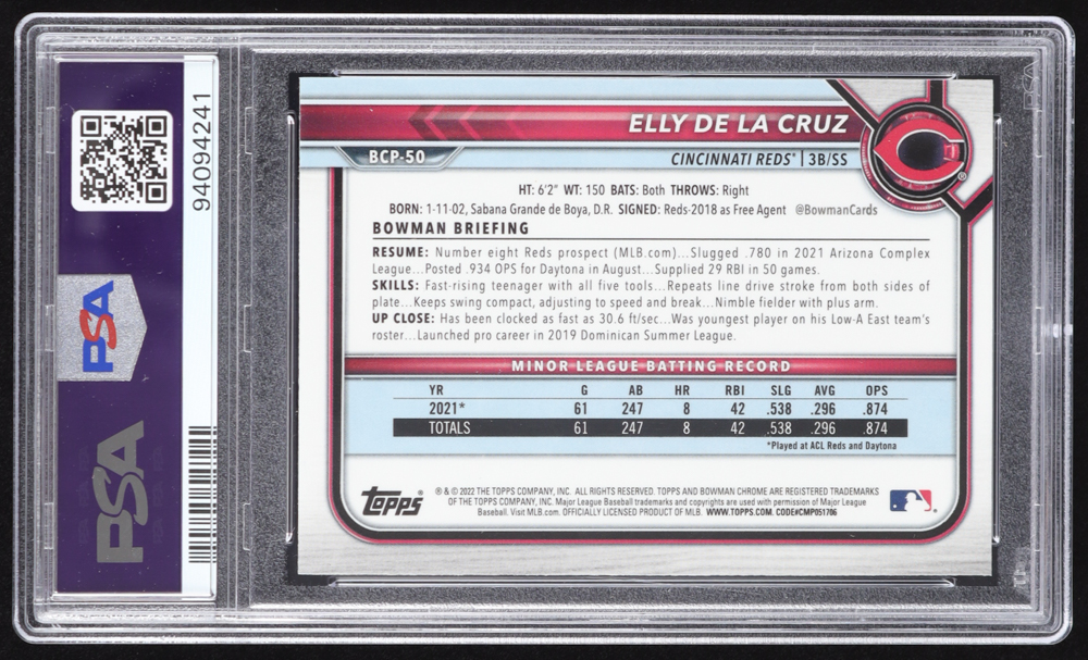 Elly De La Cruz Signed 2022 Bowman Chrome Prospects #BCP50 RC (PSA 10 | Auto 10) at PristineAuction.com Elly De La Cruz Signed 2022 Bowman Chrome Prospects #BCP50 RC (PSA 10 | Auto 10) at PristineAuction.com