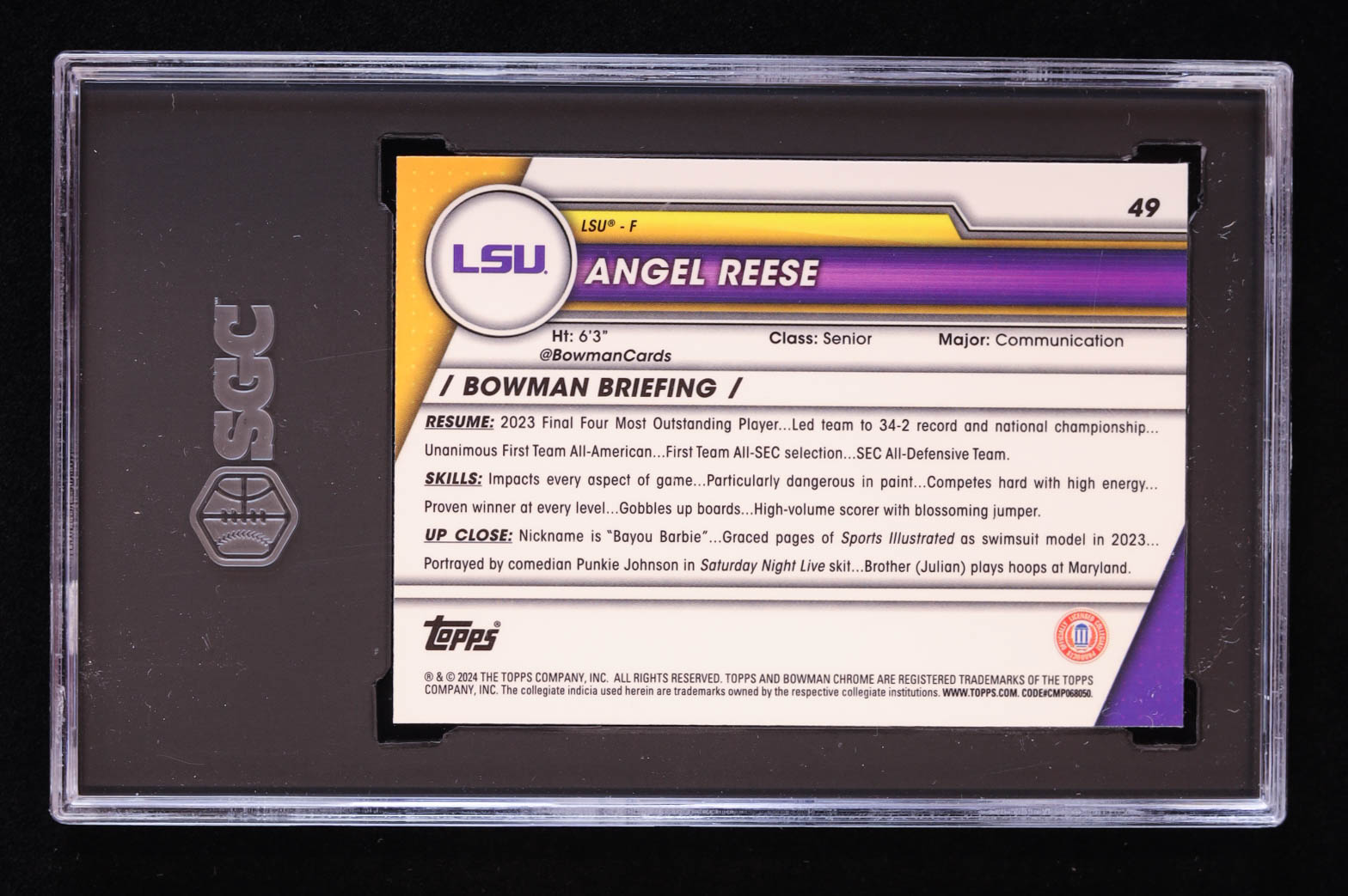 Angel Reese 2023-24 Bowman Chrome University Pink Refractors #49 RC (SGC 10) at PristineAuction.com Angel Reese 2023-24 Bowman Chrome University Pink Refractors #49 RC (SGC 10) at PristineAuction.com