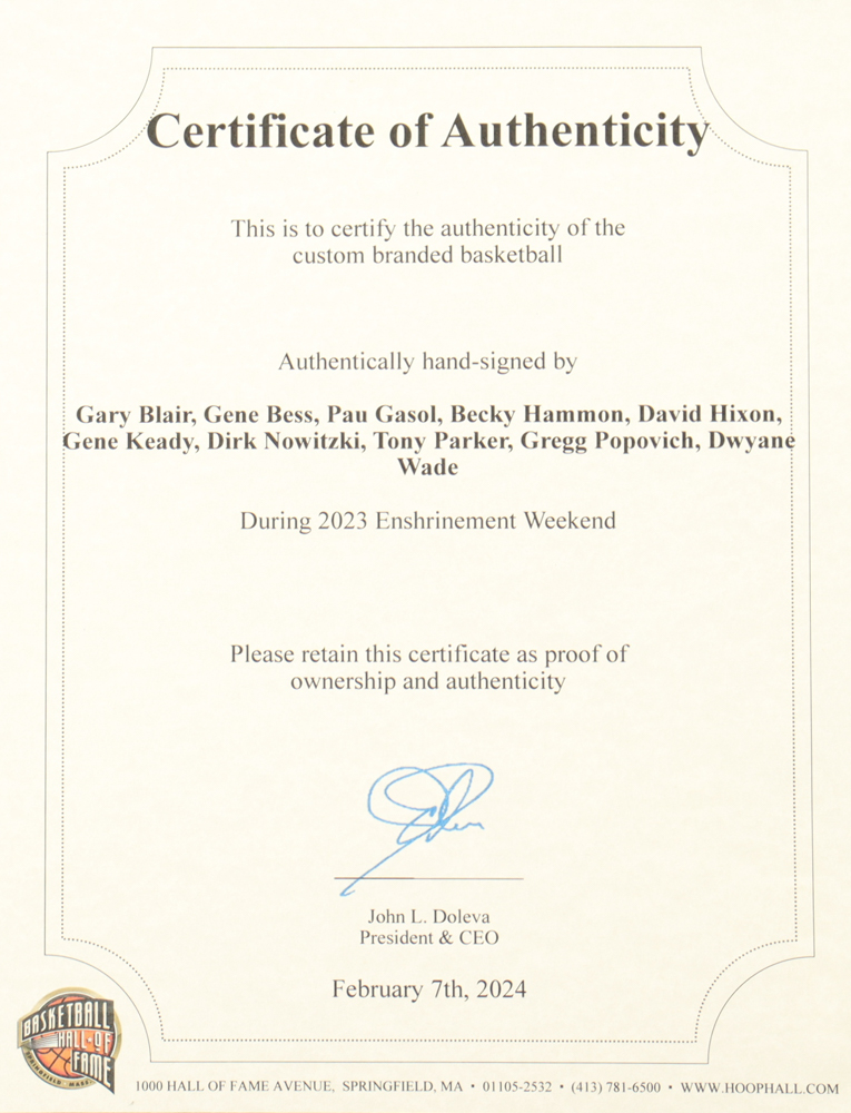 NBA Class Of 2023 Hall Of Fame Logo Signature Series Basketball Signed By (10) With Dwayne Wade, Tony Parker, Dirk Nowitzki, Gregg Popovich (NBA Hall Of Fame) at PristineAuction.com NBA Class Of 2023 Hall Of Fame Logo Signature Series Basketball Signed By (10) With Dwayne Wade, Tony Parker, Dirk Nowitzki, Gregg Popovich (NBA Hall Of Fame) at PristineAuction.com