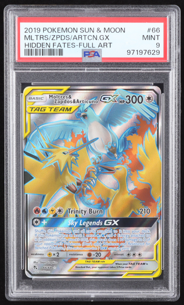 Moltres & Zapdos & Articuno GX 2019 Pokemon Sun and Moon Hidden Fates #66 FULL ART (PSA 9) at PristineAuction.com Moltres & Zapdos & Articuno GX 2019 Pokemon Sun and Moon Hidden Fates #66 FULL ART (PSA 9) at PristineAuction.com