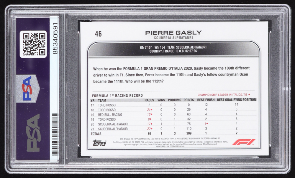 Pierre Gasly Signed 2022 Topps Formula 1 #46 (PSA) at PristineAuction.com Pierre Gasly Signed 2022 Topps Formula 1 #46 (PSA) at PristineAuction.com
