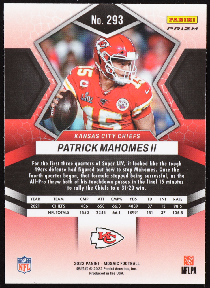Patrick Mahomes II 2022 Panini Mosaic Mosaic Camo Pink #293 MVP at PristineAuction.com Patrick Mahomes II 2022 Panini Mosaic Mosaic Camo Pink #293 MVP at PristineAuction.com