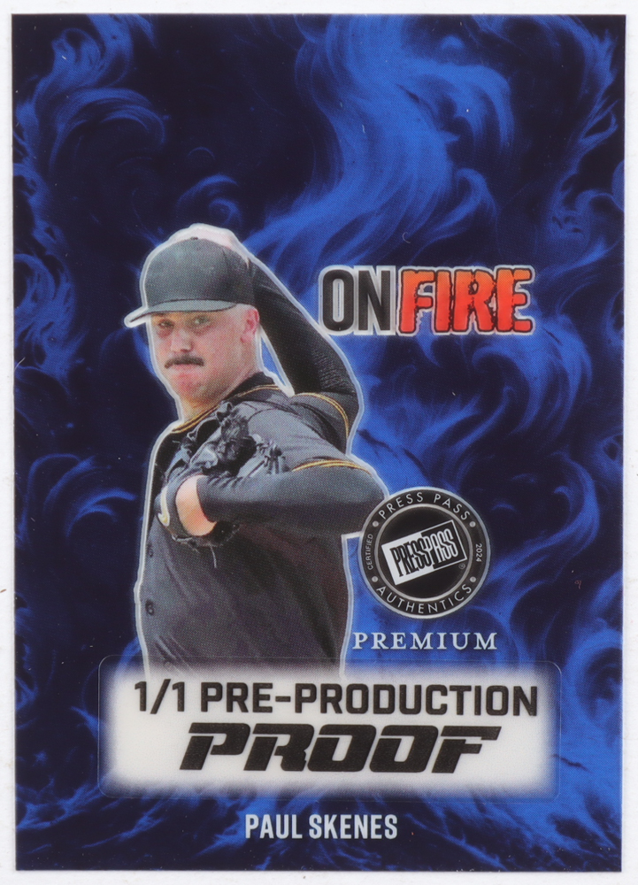 Paul Skenes 2024 Press Pass Premium On Fire Pre-Production Proof Clear Blue RC #1/1 at PristineAuction.com Paul Skenes 2024 Press Pass Premium On Fire Pre-Production Proof Clear Blue RC #1/1 at PristineAuction.com