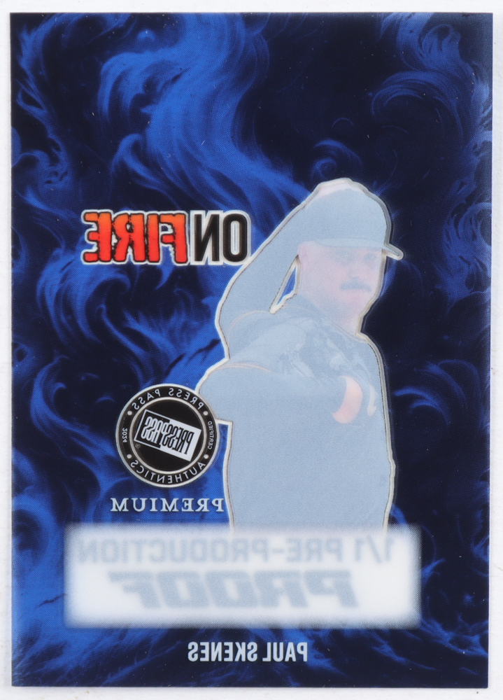 Paul Skenes 2024 Press Pass Premium On Fire Pre-Production Proof Clear Blue RC #1/1 at PristineAuction.com Paul Skenes 2024 Press Pass Premium On Fire Pre-Production Proof Clear Blue RC #1/1 at PristineAuction.com