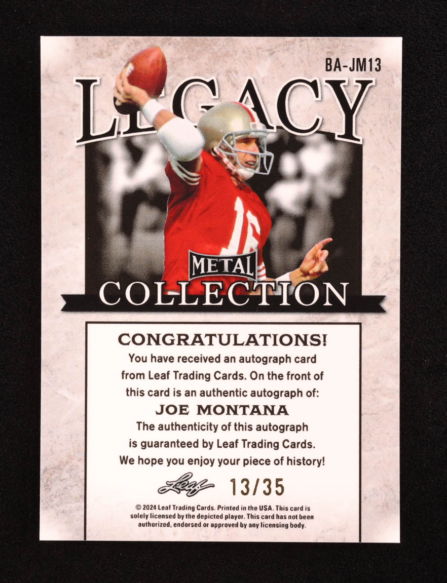 Joe Montana 2024 Leaf Legacy Collection #BA-JM13 Autograph Silver Prismatic SP Variation #13/35 at PristineAuction.com Joe Montana 2024 Leaf Legacy Collection #BA-JM13 Autograph Silver Prismatic SP Variation #13/35 at PristineAuction.com