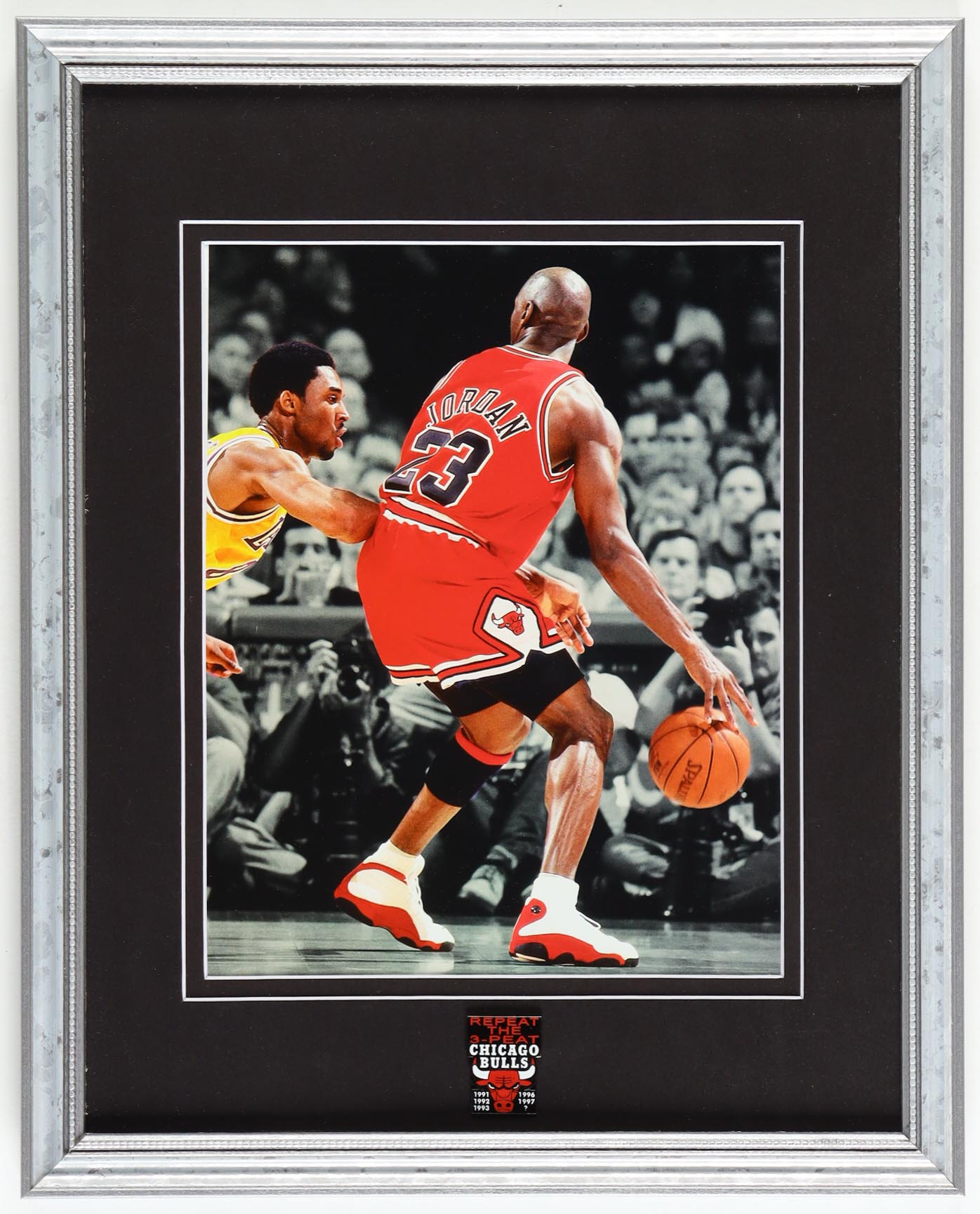 Michael Jordan vs Kobe Bryant Custom Framed Photo Display with Official 3-Peat Pin at PristineAuction.com Michael Jordan vs Kobe Bryant Custom Framed Photo Display with Official 3-Peat Pin at PristineAuction.com