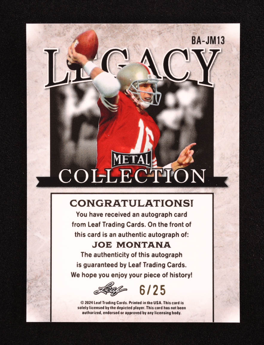 Joe Montana 2024 Leaf Legacy Collection #BA-JM13 Autograph Platinum Blue Prismatic SP Variation #6/25 at PristineAuction.com Joe Montana 2024 Leaf Legacy Collection #BA-JM13 Autograph Platinum Blue Prismatic SP Variation #6/25 at PristineAuction.com