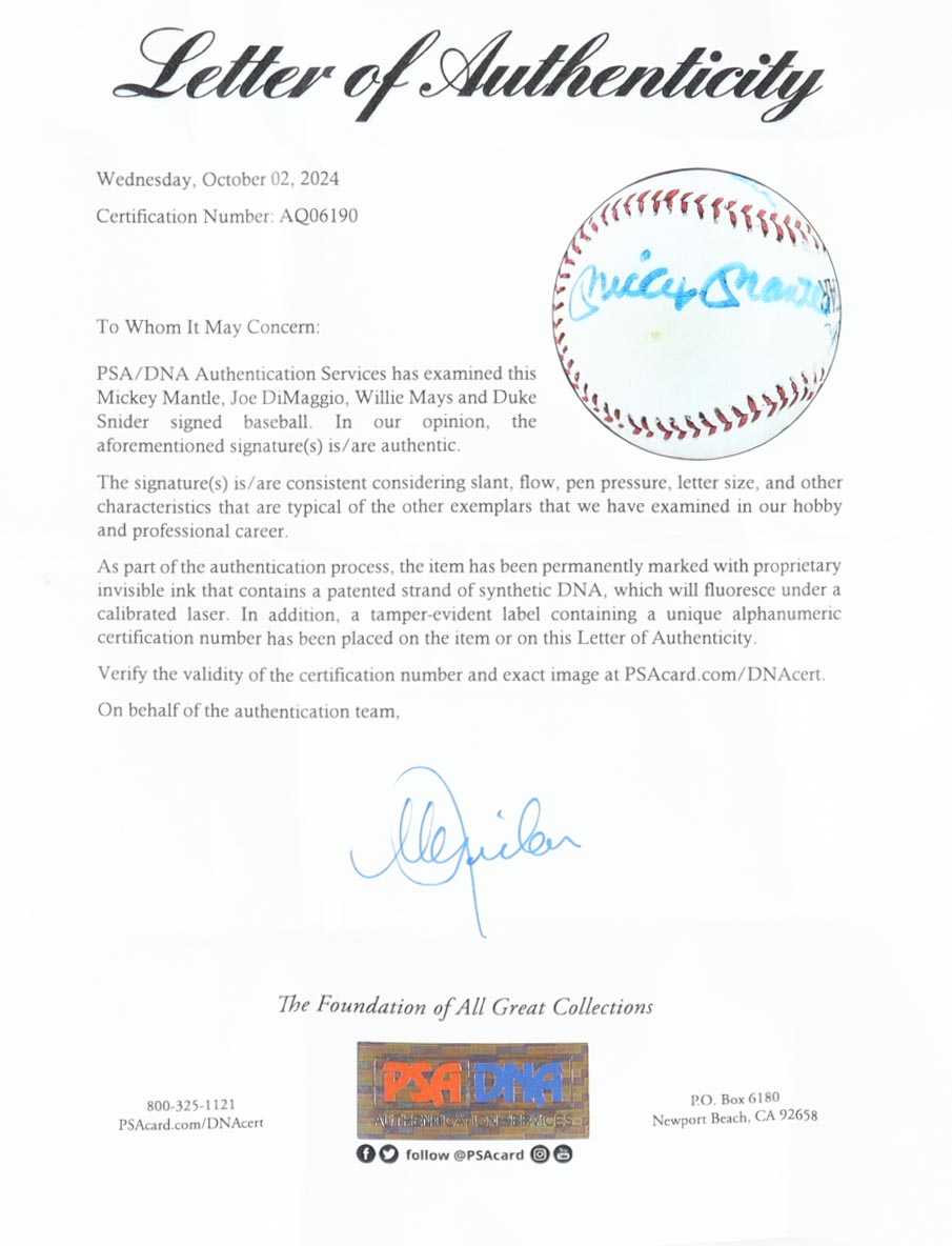 Wilson All-Star Baseball Signed By (4) With Mickey Mantle, Joe DiMaggio, Willie Mays, & Duke Snider With Display Case (PSA) at PristineAuction.com Wilson All-Star Baseball Signed By (4) With Mickey Mantle, Joe DiMaggio, Willie Mays, & Duke Snider With Display Case (PSA) at PristineAuction.com