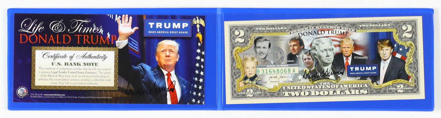 Donald Trump "Life & Times" LE 2024 Colorized Commemorative Edition U.S. $2.00 Two Dollar Bill Bank Note with Folder at PristineAuction.com Donald Trump "Life & Times" LE 2024 Colorized Commemorative Edition U.S. $2.00 Two Dollar Bill Bank Note with Folder at PristineAuction.com