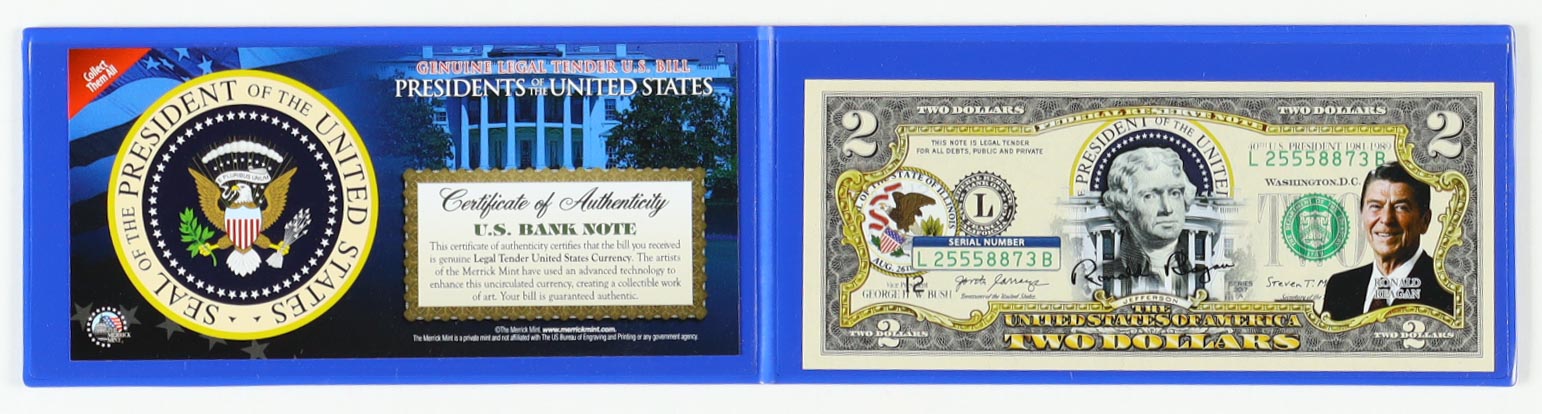 Ronald Reagan Genuine Legal Tender Colorized U.S. $2.00 Two Dollar Bill Commemorative Edition Bank Note in Presentation Folder at PristineAuction.com Ronald Reagan Genuine Legal Tender Colorized U.S. $2.00 Two Dollar Bill Commemorative Edition Bank Note in Presentation Folder at PristineAuction.com