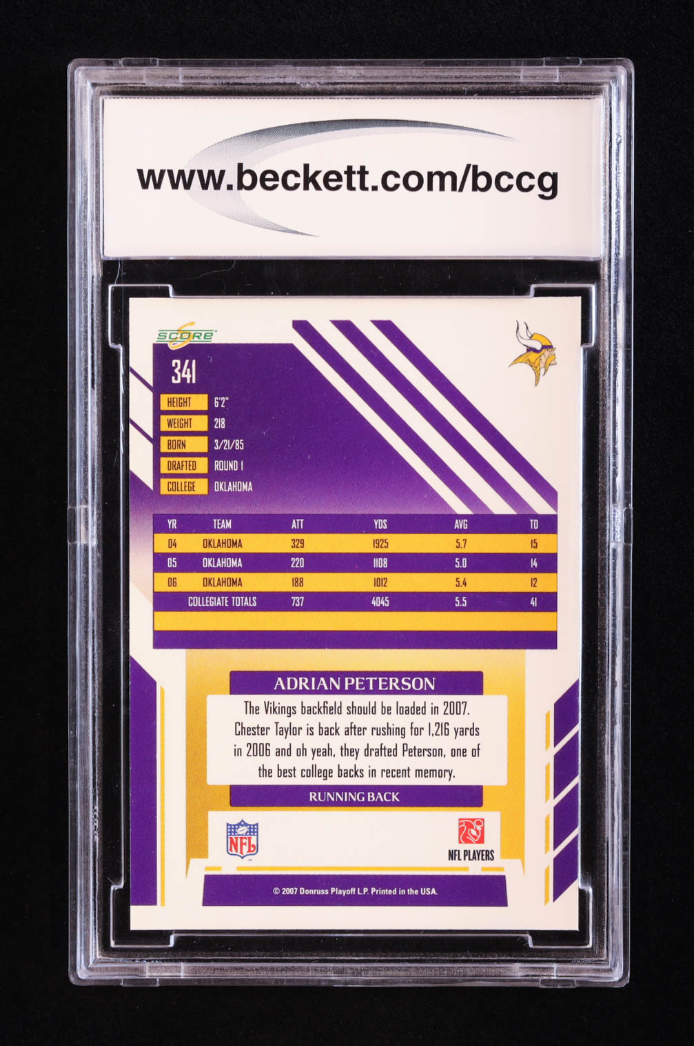 Adrian Peterson 2007 Score #341 RC (BCCG 10) at PristineAuction.com Adrian Peterson 2007 Score #341 RC (BCCG 10) at PristineAuction.com