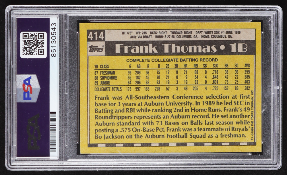 Frank Thomas Signed 1990 Topps #414B RC (PSA) at PristineAuction.com Frank Thomas Signed 1990 Topps #414B RC (PSA) at PristineAuction.com