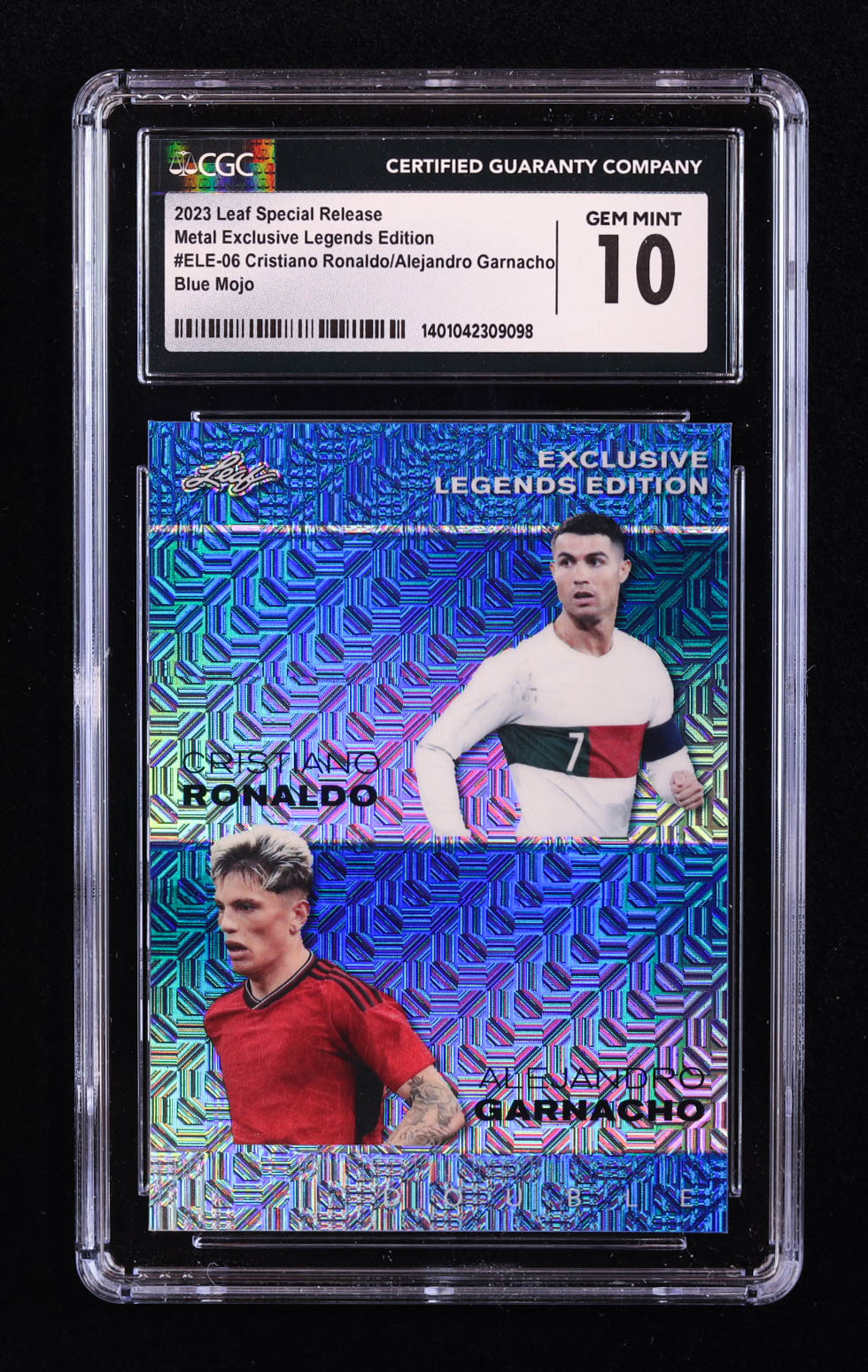 Cristiano Ronaldo / Alejandro Garnacho 2023 Leaf Metal Special Release Exclusive Legends Edition Mojo Blue #ELE06 #20/20 (CGC 10) at PristineAuction.com Cristiano Ronaldo / Alejandro Garnacho 2023 Leaf Metal Special Release Exclusive Legends Edition Mojo Blue #ELE06 #20/20 (CGC 10) at PristineAuction.com
