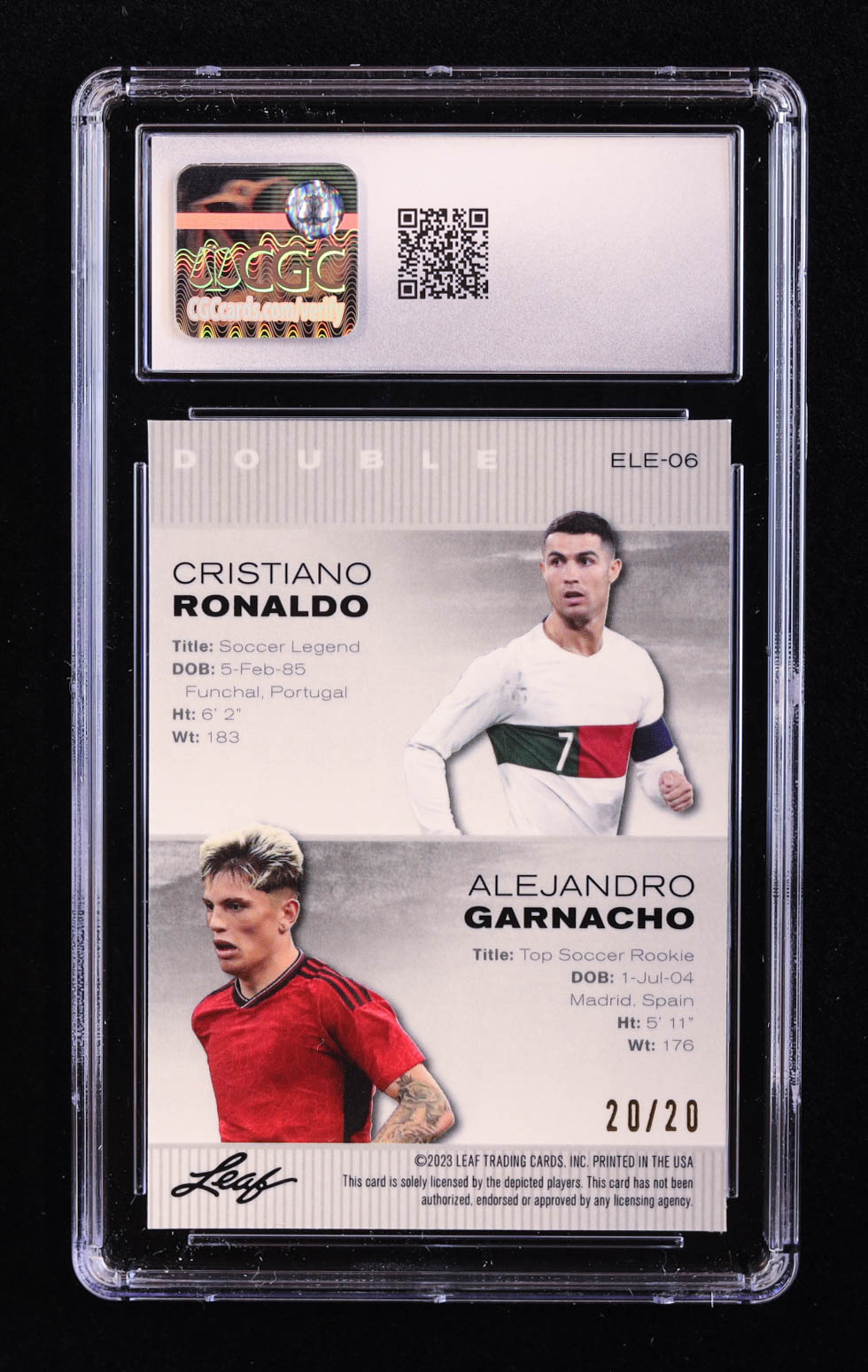 Cristiano Ronaldo / Alejandro Garnacho 2023 Leaf Metal Special Release Exclusive Legends Edition Mojo Blue #ELE06 #20/20 (CGC 10) at PristineAuction.com Cristiano Ronaldo / Alejandro Garnacho 2023 Leaf Metal Special Release Exclusive Legends Edition Mojo Blue #ELE06 #20/20 (CGC 10) at PristineAuction.com