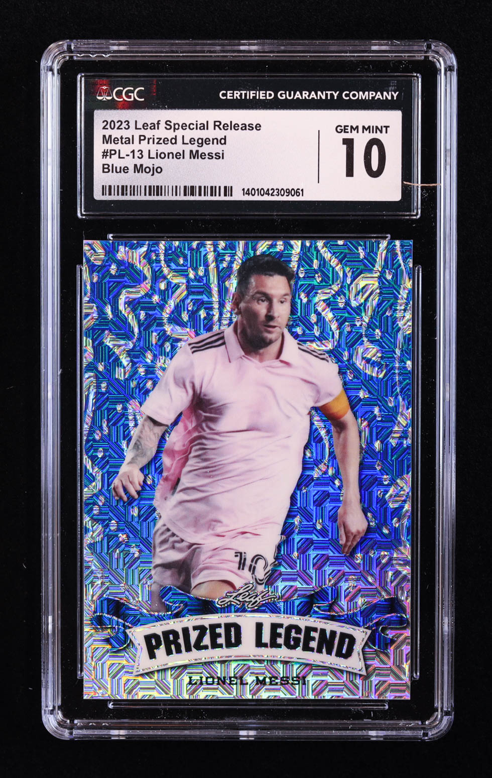 Lionel Messi 2023 Leaf Metal Special Release Prized Legend Mojo Blue #PL13 #6/20 (CGC 10) at PristineAuction.com Lionel Messi 2023 Leaf Metal Special Release Prized Legend Mojo Blue #PL13 #6/20 (CGC 10) at PristineAuction.com
