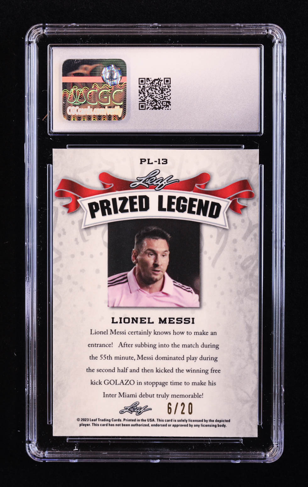 Lionel Messi 2023 Leaf Metal Special Release Prized Legend Mojo Blue #PL13 #6/20 (CGC 10) at PristineAuction.com Lionel Messi 2023 Leaf Metal Special Release Prized Legend Mojo Blue #PL13 #6/20 (CGC 10) at PristineAuction.com