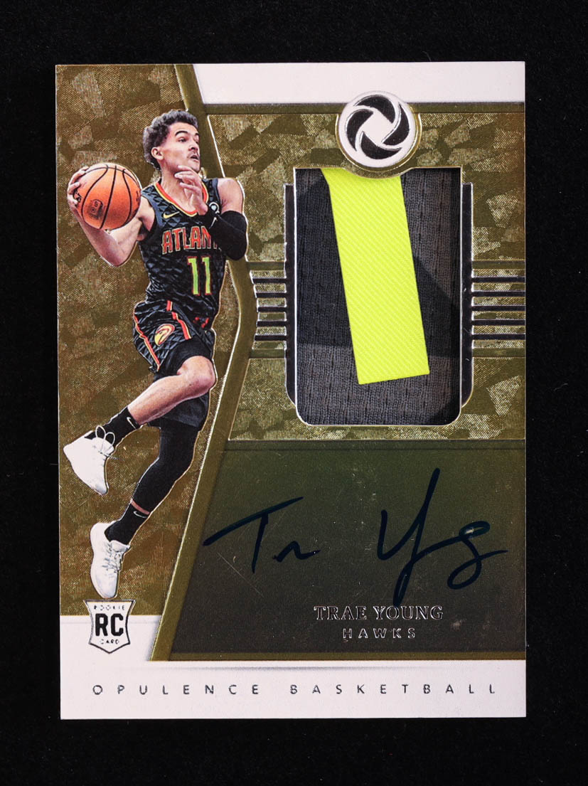 Trae Young 2018-19 Panini Opulence #134 Jersey Autograph #48/79 RC at PristineAuction.com Trae Young 2018-19 Panini Opulence #134 Jersey Autograph #48/79 RC at PristineAuction.com