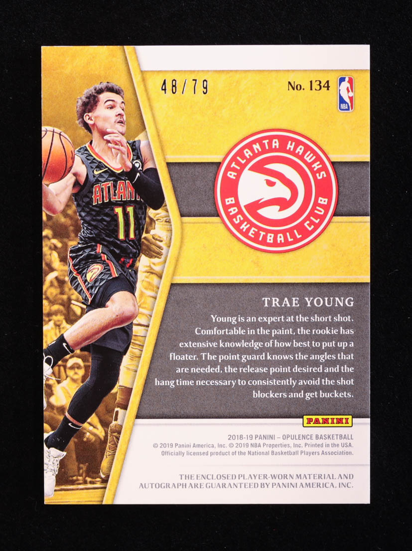 Trae Young 2018-19 Panini Opulence #134 Jersey Autograph #48/79 RC at PristineAuction.com Trae Young 2018-19 Panini Opulence #134 Jersey Autograph #48/79 RC at PristineAuction.com