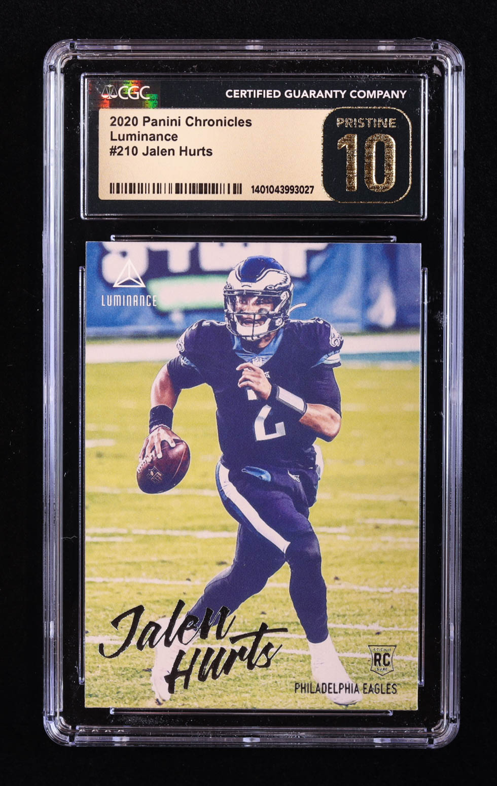 Jalen Hurts 2020 Panini Luminance #210 RC / CHRONICLES (CGC 10 | Pristine Black Label) at PristineAuction.com Jalen Hurts 2020 Panini Luminance #210 RC / CHRONICLES (CGC 10 | Pristine Black Label) at PristineAuction.com