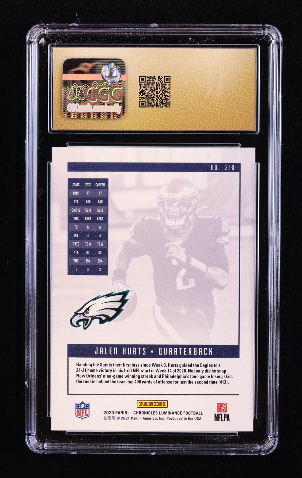 Jalen Hurts 2020 Panini Luminance #210 RC / CHRONICLES (CGC 10 | Pristine Black Label) at PristineAuction.com Jalen Hurts 2020 Panini Luminance #210 RC / CHRONICLES (CGC 10 | Pristine Black Label) at PristineAuction.com