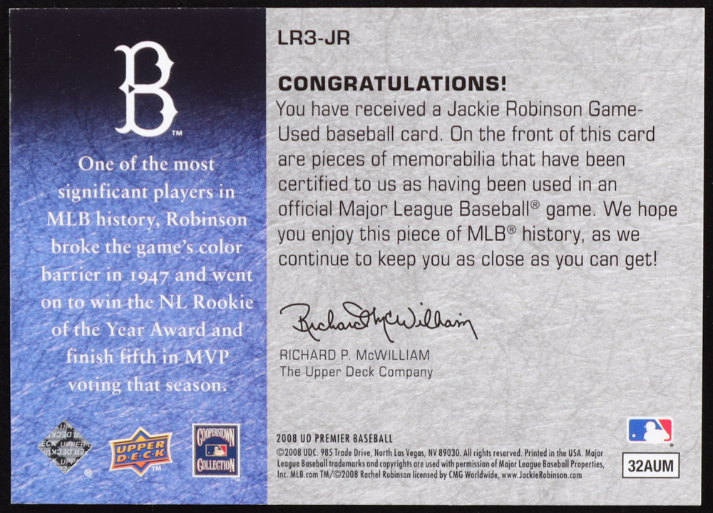 Jackie Robinson 2008 Upper Deck Premier Legendary Remnants Triple #JR #32/50 at PristineAuction.com Jackie Robinson 2008 Upper Deck Premier Legendary Remnants Triple #JR #32/50 at PristineAuction.com