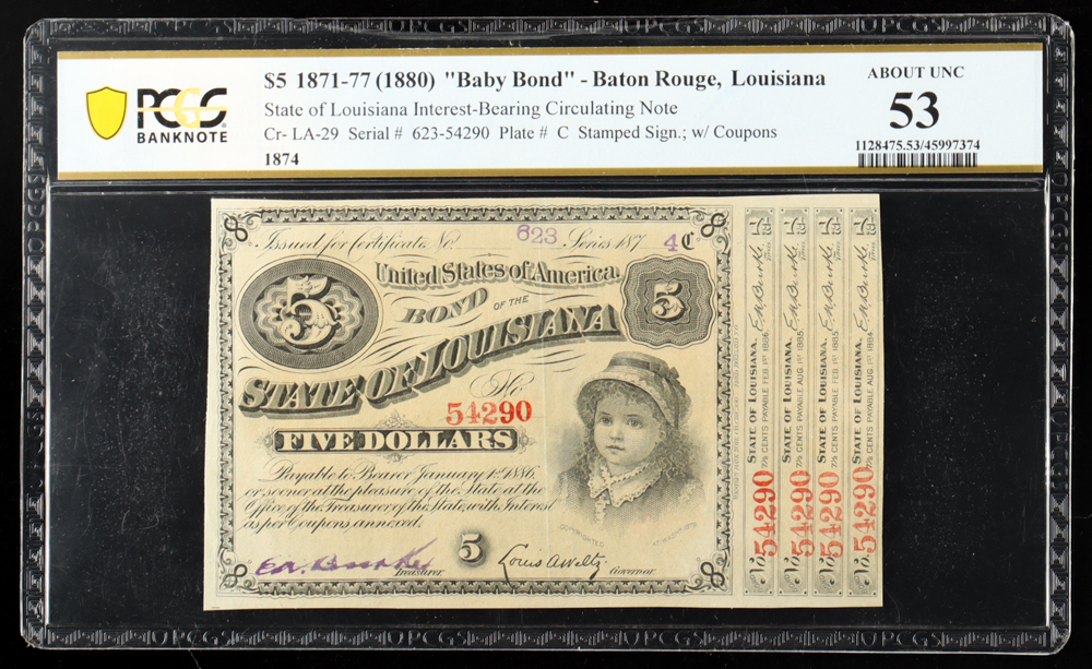 1871-77 (1880) $5 "Baby Bond" - State of Louisiana, Baton Rouge - Stamped & Signed w/ Coupons (PCGS AU53) at PristineAuction.com 1871-77 (1880) $5 "Baby Bond" - State of Louisiana, Baton Rouge - Stamped & Signed w/ Coupons (PCGS AU53) at PristineAuction.com