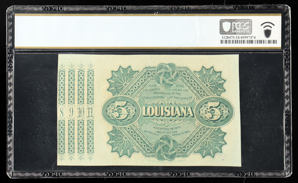 1871-77 (1880) $5 "Baby Bond" - State of Louisiana, Baton Rouge - Stamped & Signed w/ Coupons (PCGS AU53) at PristineAuction.com 1871-77 (1880) $5 "Baby Bond" - State of Louisiana, Baton Rouge - Stamped & Signed w/ Coupons (PCGS AU53) at PristineAuction.com