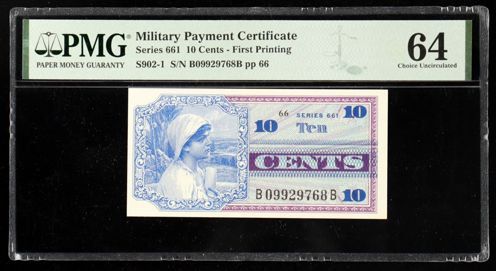 1968-69 U.S. Military 10¢ Payment Certificate, 1st Printing, Series 661 (PMG CHOICE UNC 64) at PristineAuction.com 1968-69 U.S. Military 10¢ Payment Certificate, 1st Printing, Series 661 (PMG CHOICE UNC 64) at PristineAuction.com