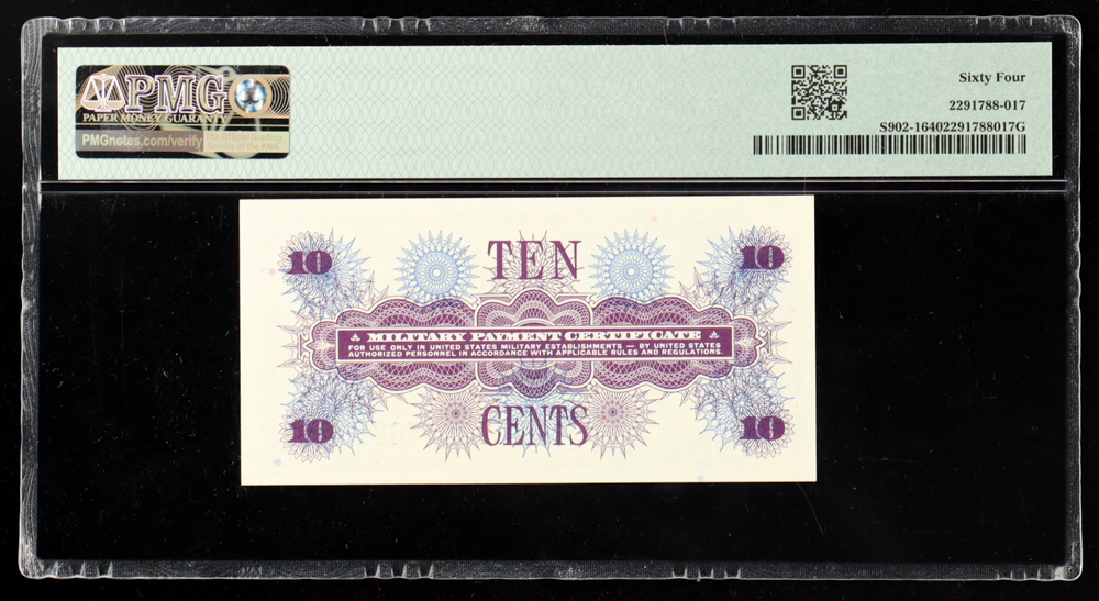 1968-69 U.S. Military 10¢ Payment Certificate, 1st Printing, Series 661 (PMG CHOICE UNC 64) at PristineAuction.com 1968-69 U.S. Military 10¢ Payment Certificate, 1st Printing, Series 661 (PMG CHOICE UNC 64) at PristineAuction.com