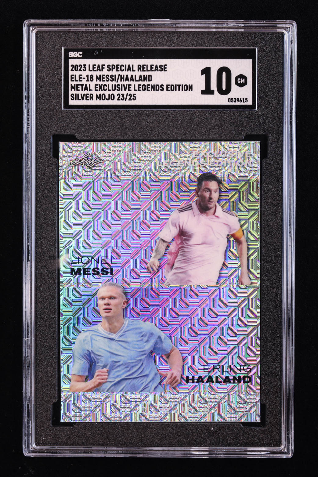 Lionel Messi / Erling Haaland 2023 Leaf Metal Special Release Exclusive Legends Edition Mojo Silver #ELE18 #23/25 (SGC 10) at PristineAuction.com Lionel Messi / Erling Haaland 2023 Leaf Metal Special Release Exclusive Legends Edition Mojo Silver #ELE18 #23/25 (SGC 10) at PristineAuction.com