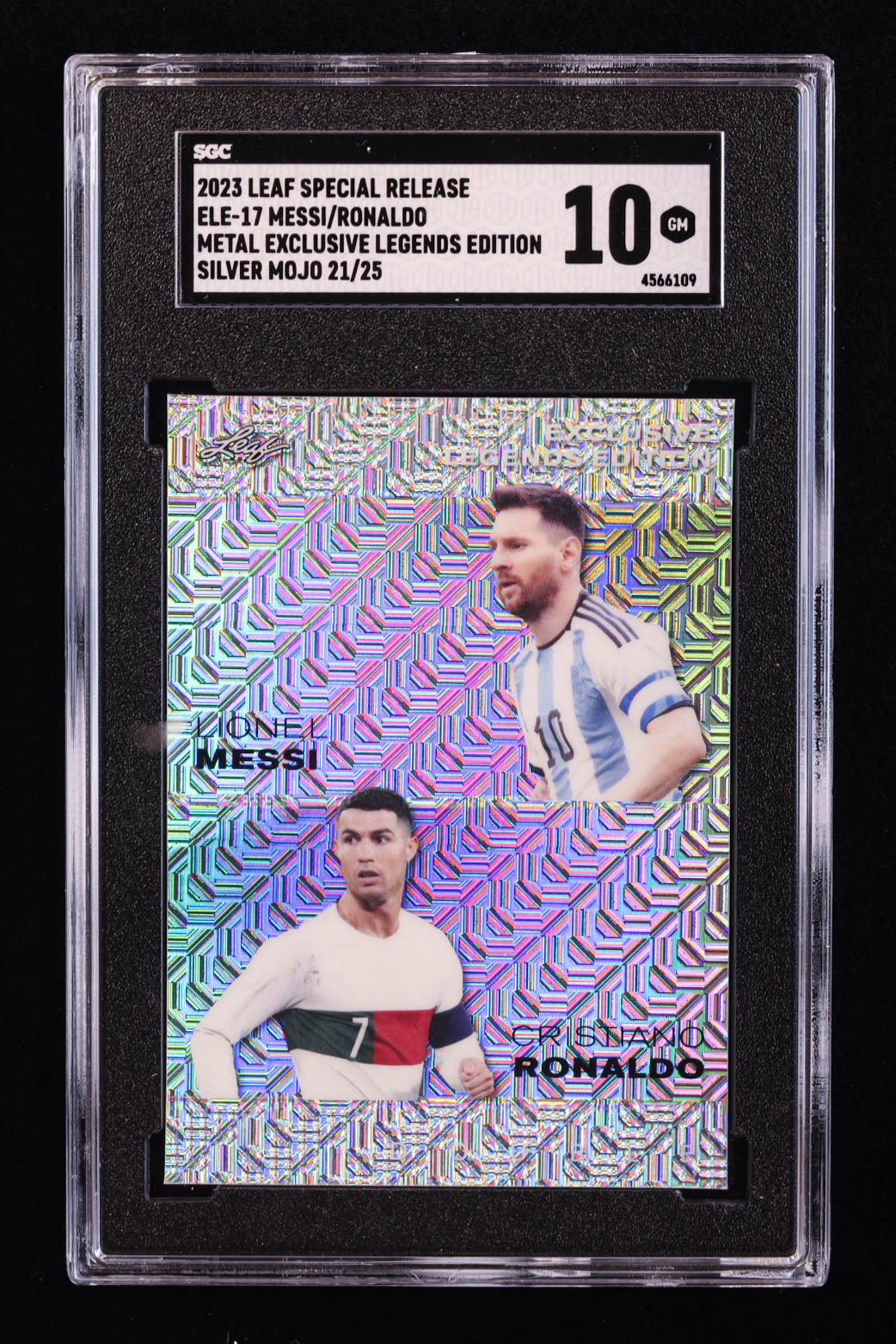 Lionel Messi / Cristiano Ronaldo 2023 Leaf Metal Special Release Exclusive Legends Edition Mojo Silver #ELE17 #21/25 (SGC 10) at PristineAuction.com Lionel Messi / Cristiano Ronaldo 2023 Leaf Metal Special Release Exclusive Legends Edition Mojo Silver #ELE17 #21/25 (SGC 10) at PristineAuction.com