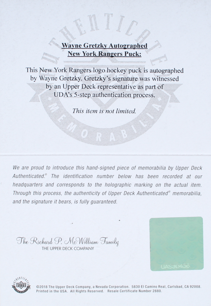 Wayne Gretzky Signed Rangers Logo Hockey Puck (Steiner, Fanatics & UDA) at PristineAuction.com Wayne Gretzky Signed Rangers Logo Hockey Puck (Steiner, Fanatics & UDA) at PristineAuction.com