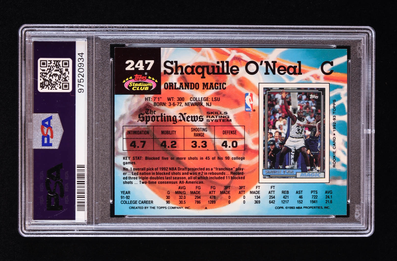 Shaquille O'Neal 1992-93 Stadium Club #247 RC (PSA 9) at PristineAuction.com Shaquille O'Neal 1992-93 Stadium Club #247 RC (PSA 9) at PristineAuction.com