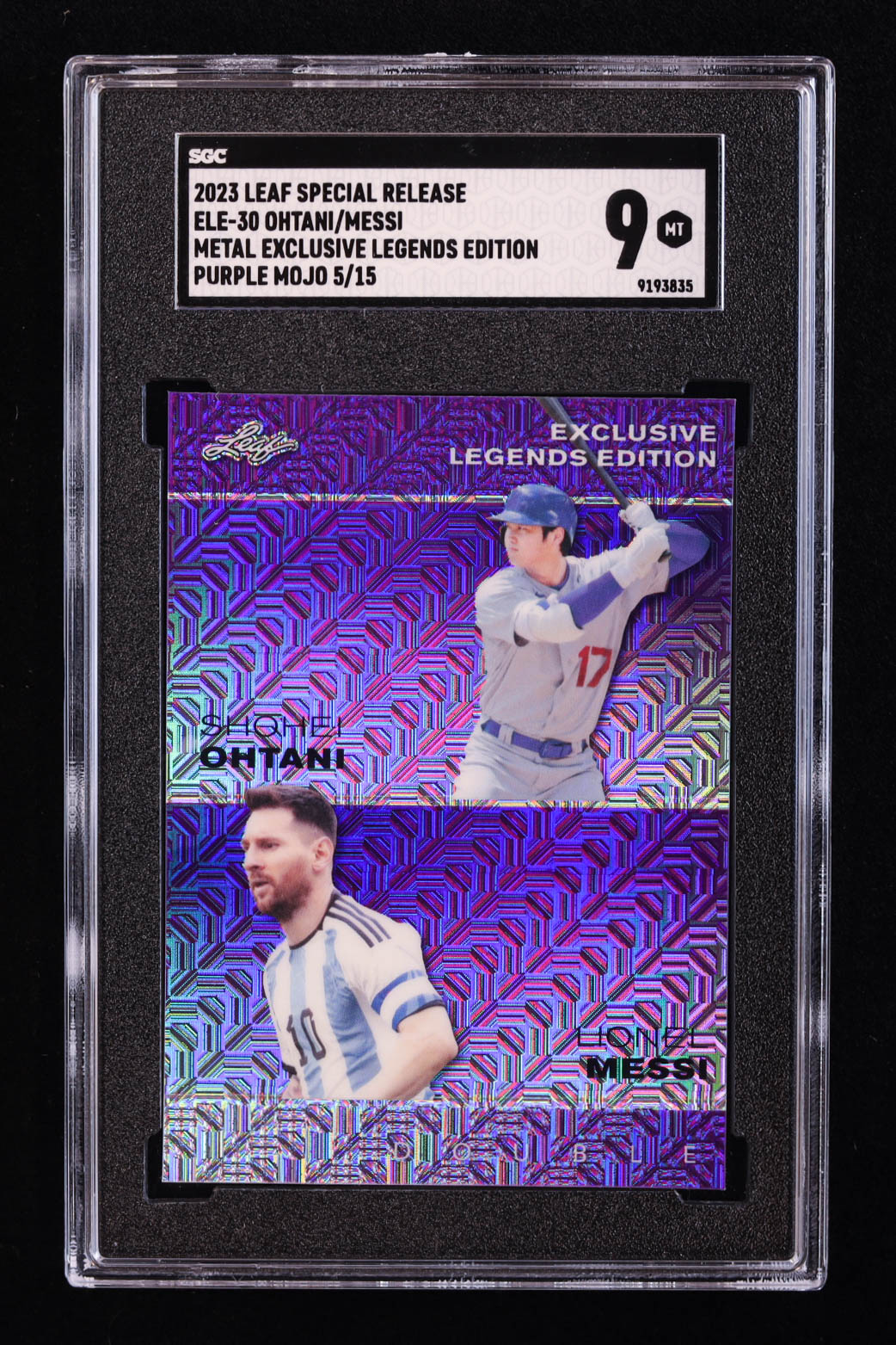 Shohei Ohtani / Lionel Messi 2023 Leaf Metal Special Release Exclusive Legends Edition Mojo Purple #ELE30 #5/15 (SGC 9) at PristineAuction.com Shohei Ohtani / Lionel Messi 2023 Leaf Metal Special Release Exclusive Legends Edition Mojo Purple #ELE30 #5/15 (SGC 9) at PristineAuction.com