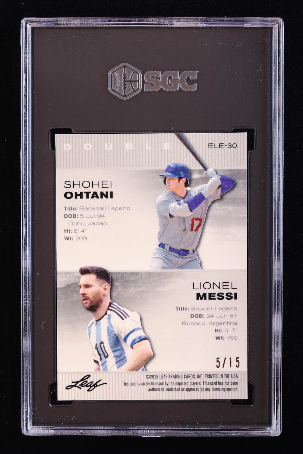 Shohei Ohtani / Lionel Messi 2023 Leaf Metal Special Release Exclusive Legends Edition Mojo Purple #ELE30 #5/15 (SGC 9) at PristineAuction.com Shohei Ohtani / Lionel Messi 2023 Leaf Metal Special Release Exclusive Legends Edition Mojo Purple #ELE30 #5/15 (SGC 9) at PristineAuction.com