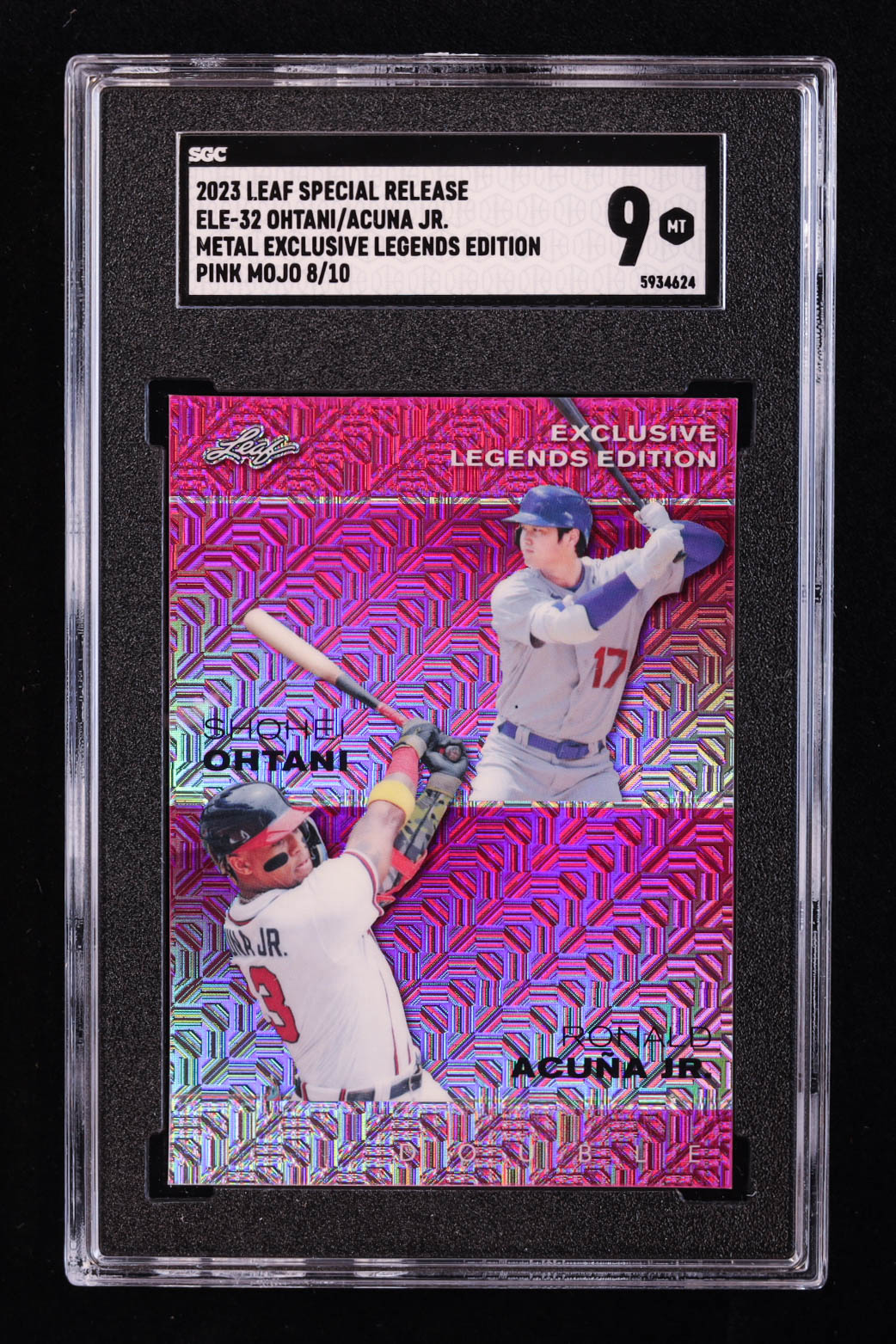 Shohei Ohtani / Ronald Acuna Jr. 2023 Leaf Metal Special Release Exclusive Legends Edition Mojo Pink #ELE32 #8/10 (SGC 9) at PristineAuction.com Shohei Ohtani / Ronald Acuna Jr. 2023 Leaf Metal Special Release Exclusive Legends Edition Mojo Pink #ELE32 #8/10 (SGC 9) at PristineAuction.com