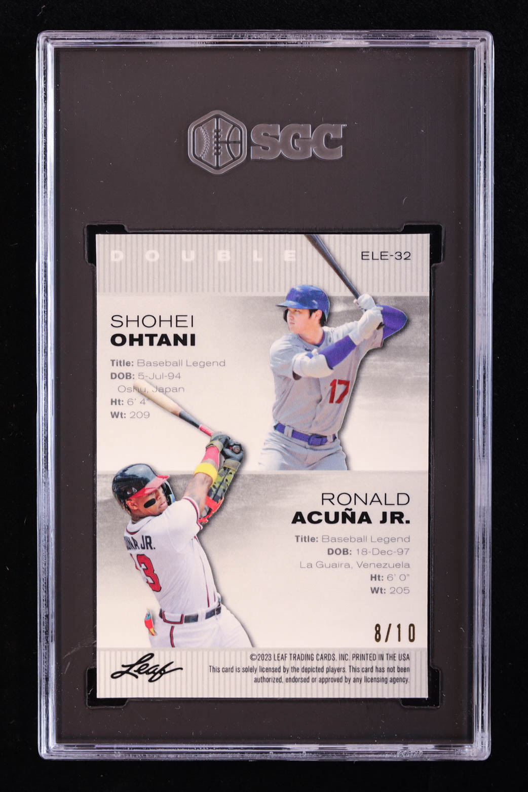 Shohei Ohtani / Ronald Acuna Jr. 2023 Leaf Metal Special Release Exclusive Legends Edition Mojo Pink #ELE32 #8/10 (SGC 9) at PristineAuction.com Shohei Ohtani / Ronald Acuna Jr. 2023 Leaf Metal Special Release Exclusive Legends Edition Mojo Pink #ELE32 #8/10 (SGC 9) at PristineAuction.com