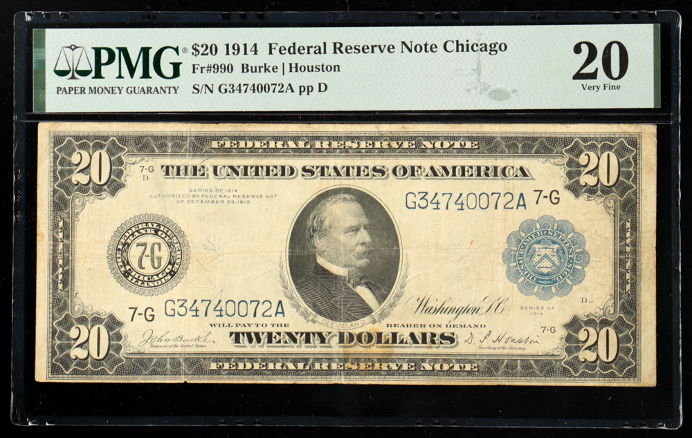 1914 U.S. $20 Federal Reserve Chicago - Large Note, Blue Seal Fr. 990 Signed: Burke / Houston (PMG VF20) at PristineAuction.com 1914 U.S. $20 Federal Reserve Chicago - Large Note, Blue Seal Fr. 990 Signed: Burke / Houston (PMG VF20) at PristineAuction.com