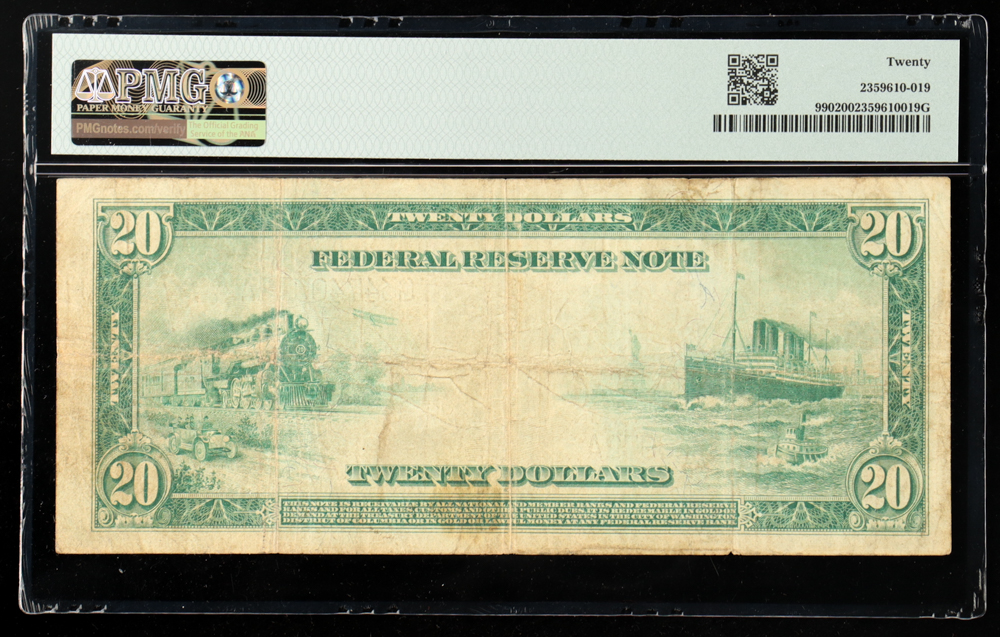 1914 U.S. $20 Federal Reserve Chicago - Large Note, Blue Seal Fr. 990 Signed: Burke / Houston (PMG VF20) at PristineAuction.com 1914 U.S. $20 Federal Reserve Chicago - Large Note, Blue Seal Fr. 990 Signed: Burke / Houston (PMG VF20) at PristineAuction.com