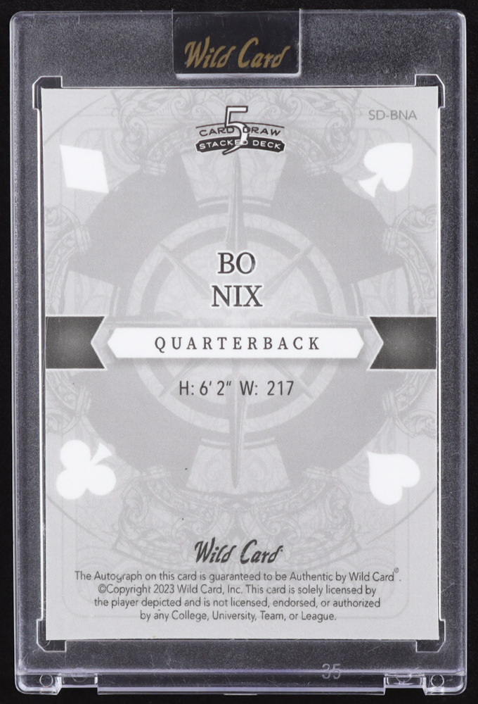 Bo Nix 2023 Wild Card 5 Card Draw Queen of Diamonds Autograph Green Speckle #SDBNA #3/3 RC at PristineAuction.com Bo Nix 2023 Wild Card 5 Card Draw Queen of Diamonds Autograph Green Speckle #SDBNA #3/3 RC at PristineAuction.com