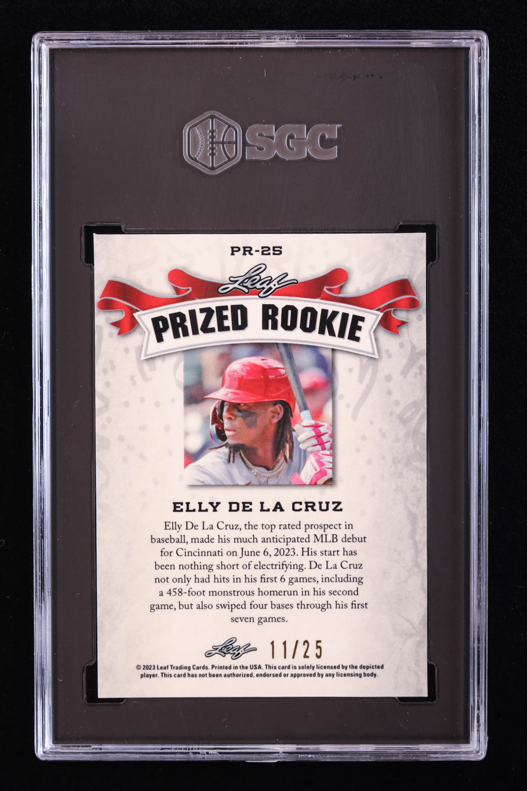 Elly De La Cruz 2023 Leaf Metal Special Release Prized Rookie Mojo Silver #PR25 RC #11/25 (SGC 10) at PristineAuction.com Elly De La Cruz 2023 Leaf Metal Special Release Prized Rookie Mojo Silver #PR25 RC #11/25 (SGC 10) at PristineAuction.com