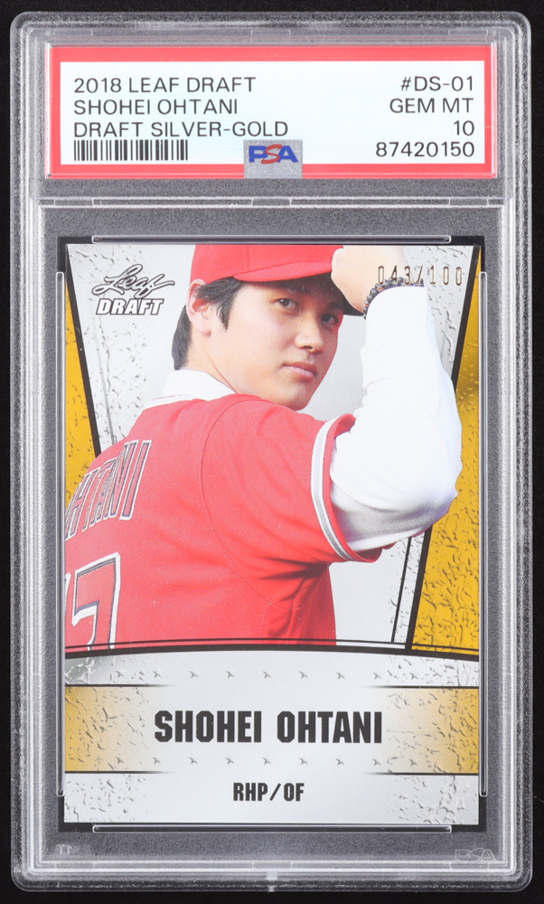 Shohei Ohtani 2018 Leaf Ohtani Draft Silver Gold #DS01 #043/100 RC (PSA 10) at PristineAuction.com Shohei Ohtani 2018 Leaf Ohtani Draft Silver Gold #DS01 #043/100 RC (PSA 10) at PristineAuction.com
