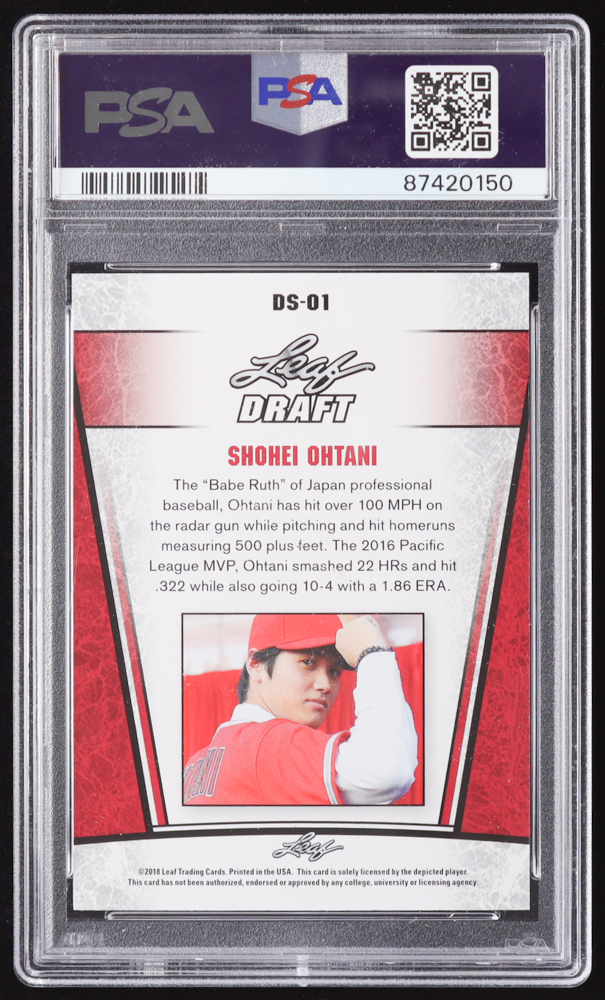 Shohei Ohtani 2018 Leaf Ohtani Draft Silver Gold #DS01 #043/100 RC (PSA 10) at PristineAuction.com Shohei Ohtani 2018 Leaf Ohtani Draft Silver Gold #DS01 #043/100 RC (PSA 10) at PristineAuction.com
