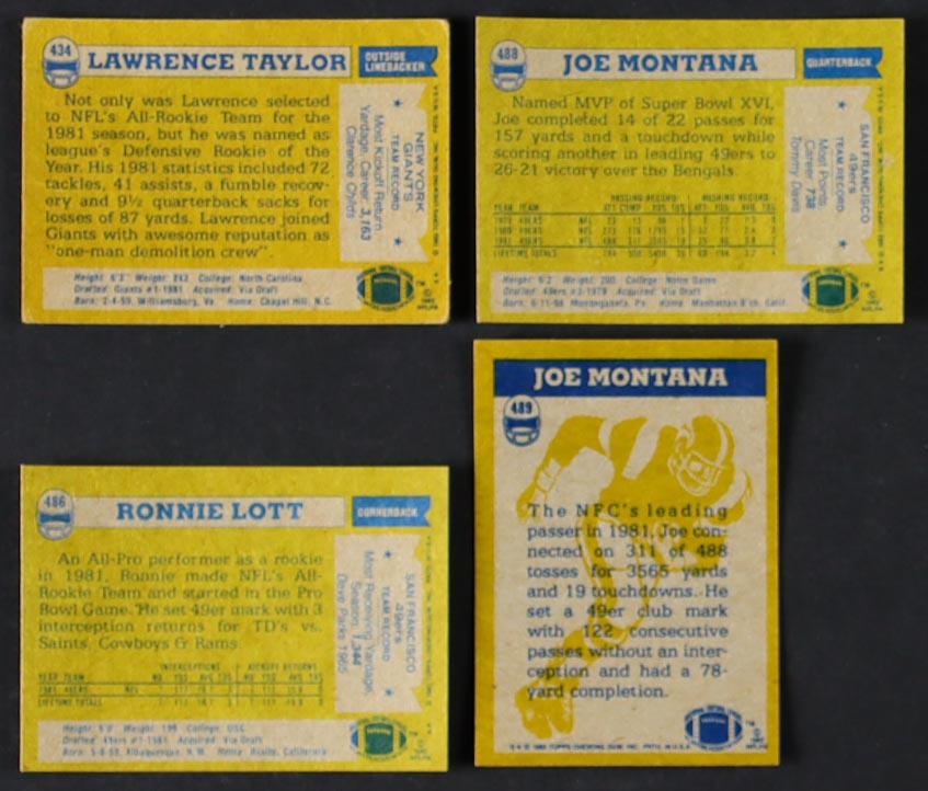 1982 Topps Football Complete Set of (528) Cards with Lawrence Taylor #434 RC, Ronnie Lott #486 RC, Joe Montana #488, #489 at PristineAuction.com 1982 Topps Football Complete Set of (528) Cards with Lawrence Taylor #434 RC, Ronnie Lott #486 RC, Joe Montana #488, #489 at PristineAuction.com