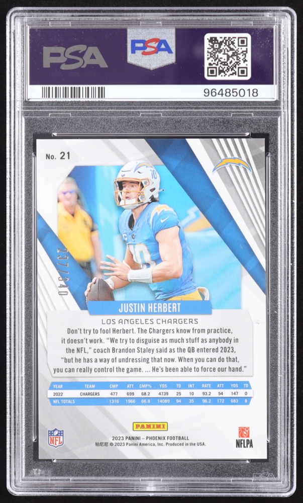 Justin Herbert 2023 Panini Phoenix Fire Burst #21 #237/340 (PSA 10) at PristineAuction.com Justin Herbert 2023 Panini Phoenix Fire Burst #21 #237/340 (PSA 10) at PristineAuction.com