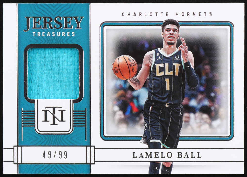 LaMelo Ball 2022-23 Panini National Treasures Jersey Treasures #62 #49/99 at PristineAuction.com LaMelo Ball 2022-23 Panini National Treasures Jersey Treasures #62 #49/99 at PristineAuction.com