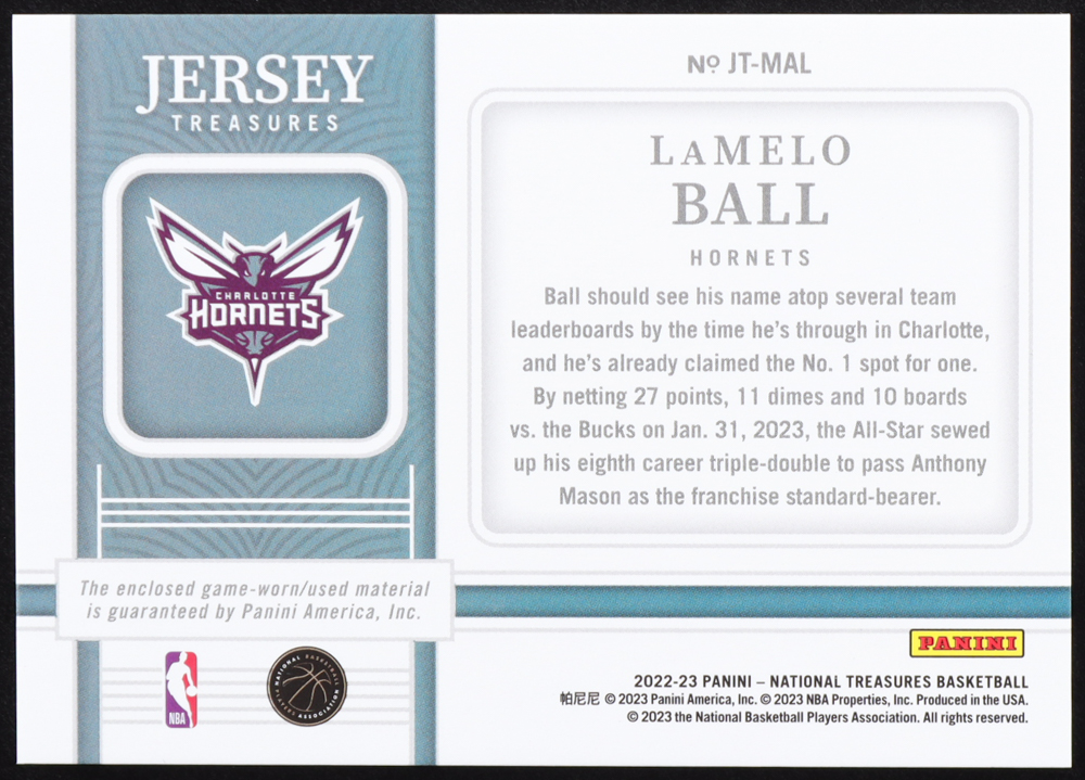 LaMelo Ball 2022-23 Panini National Treasures Jersey Treasures #62 #49/99 at PristineAuction.com LaMelo Ball 2022-23 Panini National Treasures Jersey Treasures #62 #49/99 at PristineAuction.com