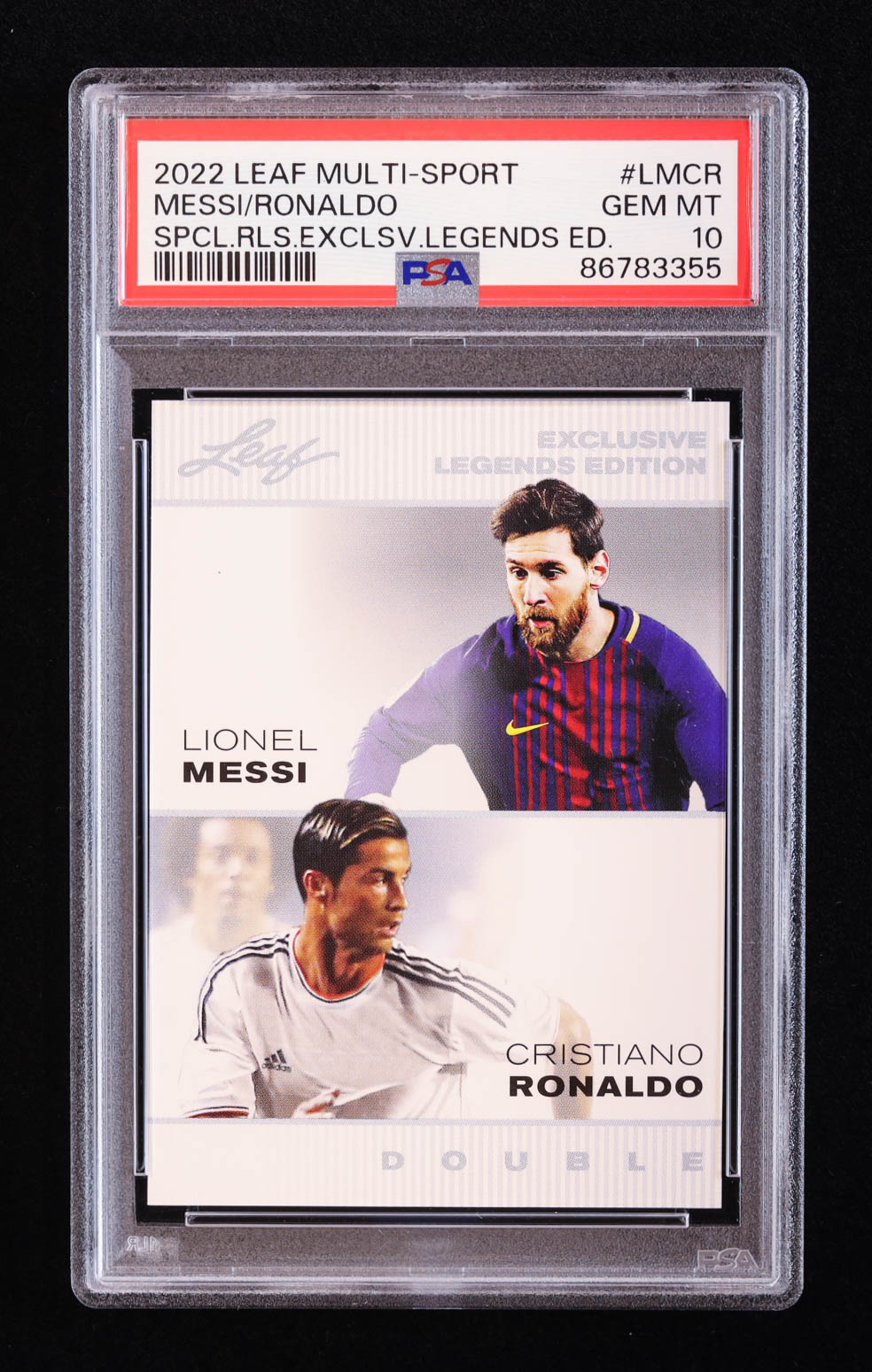 Lionel Messi / Cristiano Ronaldo 2022 Leaf Special Release Exclusive Legends Edition #LMCR (PSA 10) at PristineAuction.com Lionel Messi / Cristiano Ronaldo 2022 Leaf Special Release Exclusive Legends Edition #LMCR (PSA 10) at PristineAuction.com
