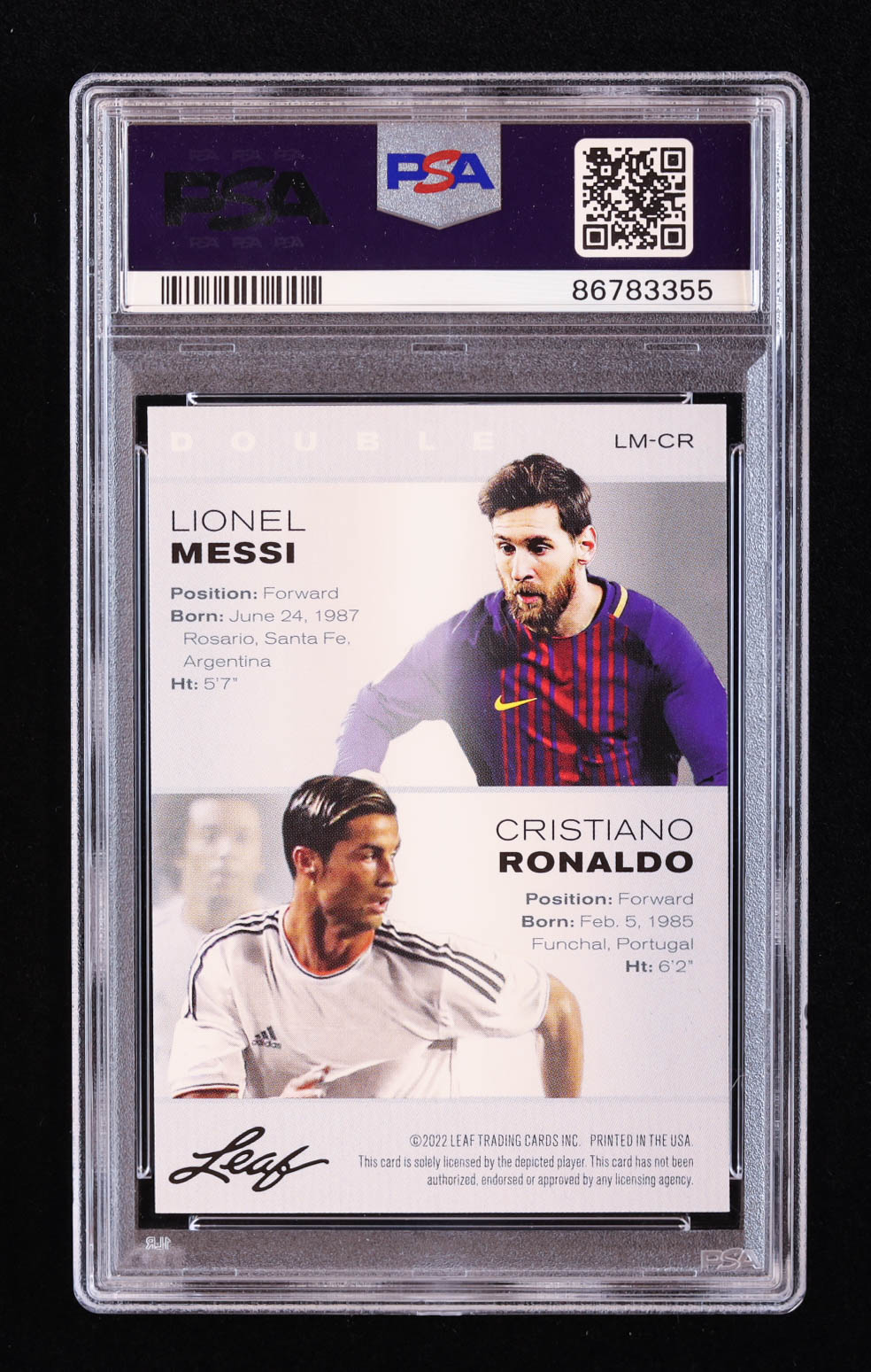 Lionel Messi / Cristiano Ronaldo 2022 Leaf Special Release Exclusive Legends Edition #LMCR (PSA 10) at PristineAuction.com Lionel Messi / Cristiano Ronaldo 2022 Leaf Special Release Exclusive Legends Edition #LMCR (PSA 10) at PristineAuction.com
